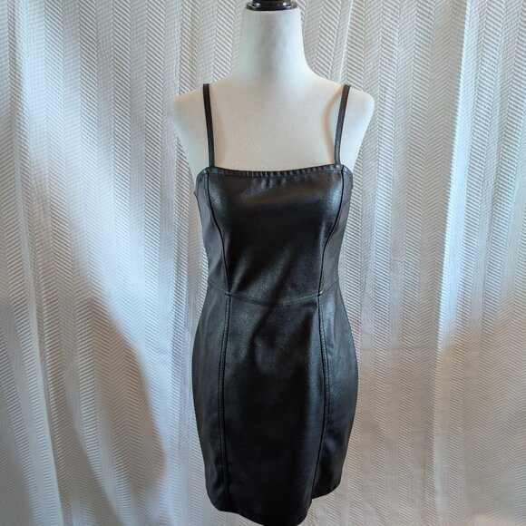H&M Black Faux Leather Mini Dress Spaghetti Straps Stretch Size 6 Goth Grunge - Picture 1 of 9